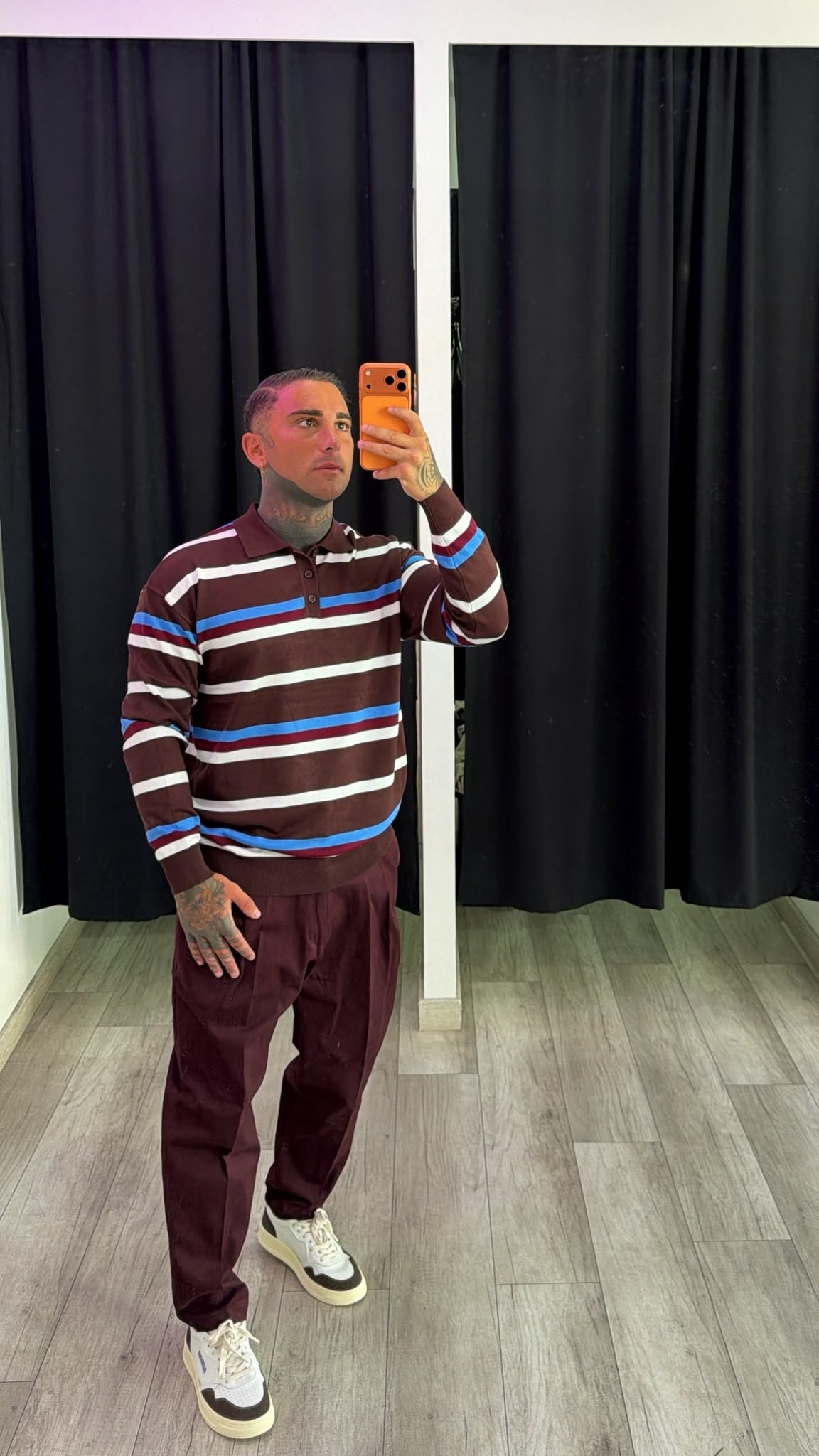 Polo manica lunga a righe marrone